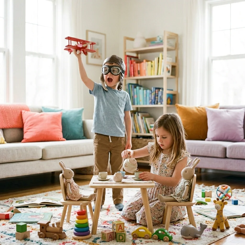 Two children playing together, a boy flying a toy plane and a girl with her teddy bear